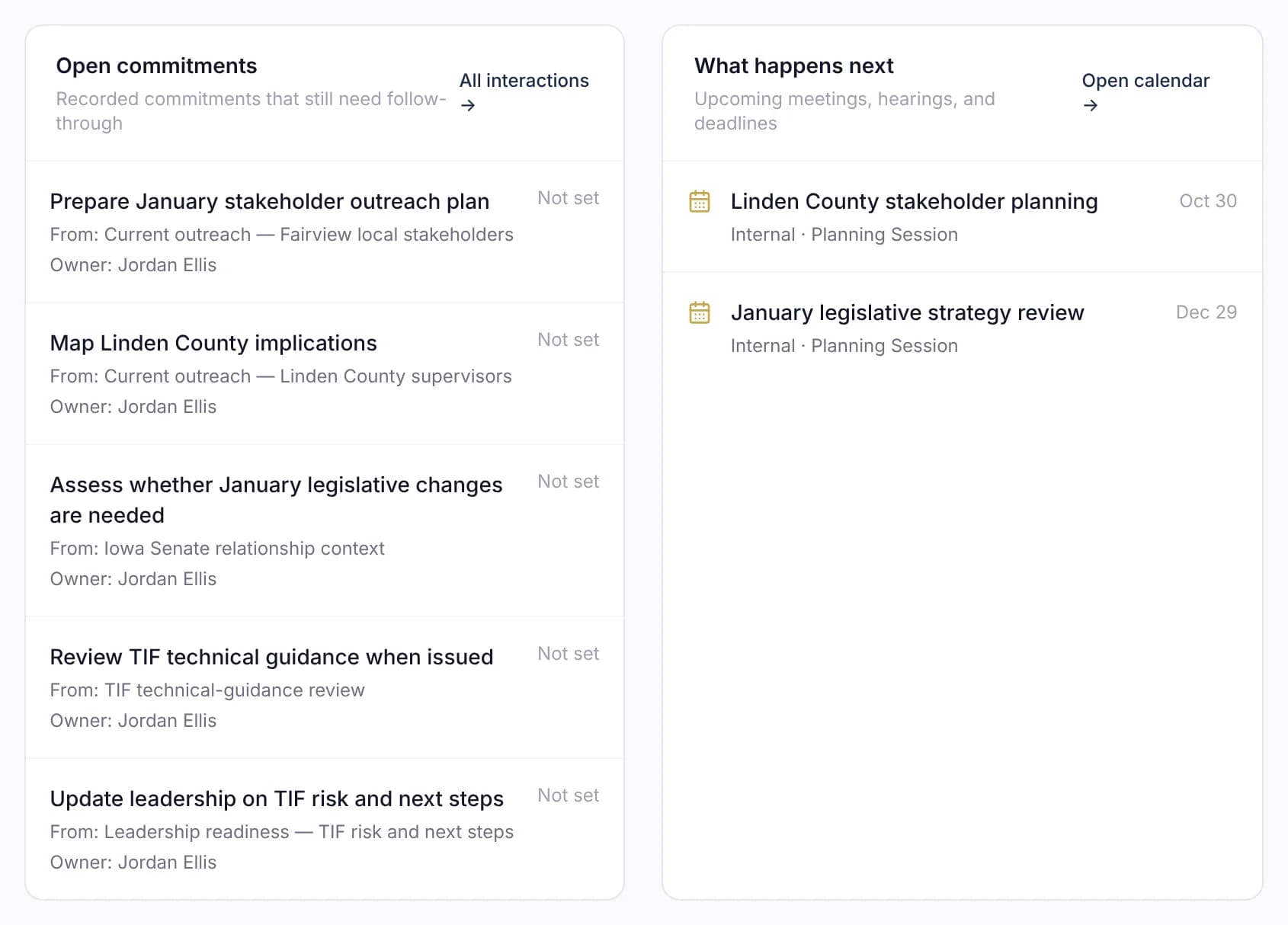 Open commitments with owners next to upcoming meetings in the Statecraft Command Center