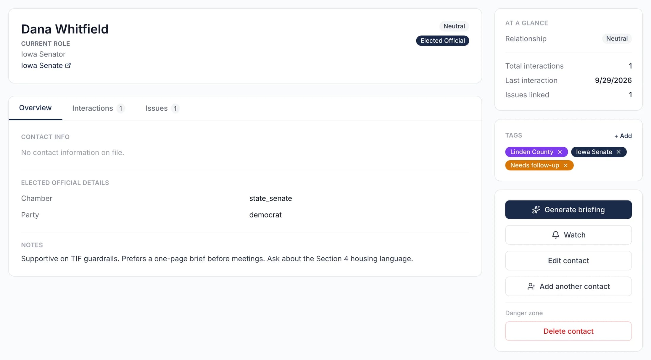 A Statecraft contact record for a state senator with relationship status, notes, tags, and quick actions