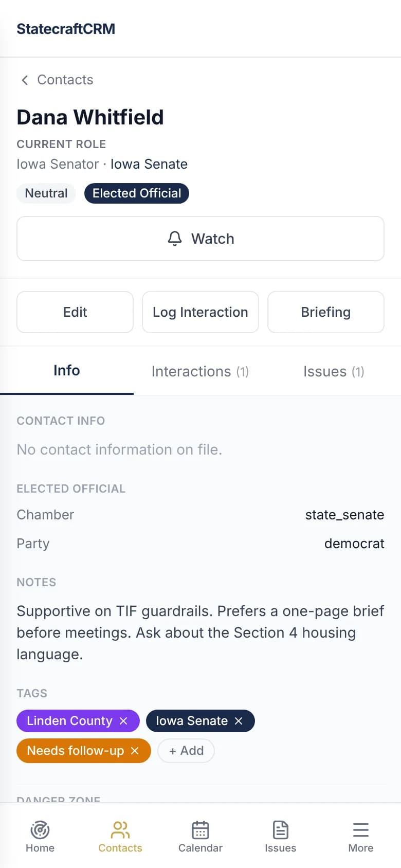 A Statecraft contact record in a phone browser