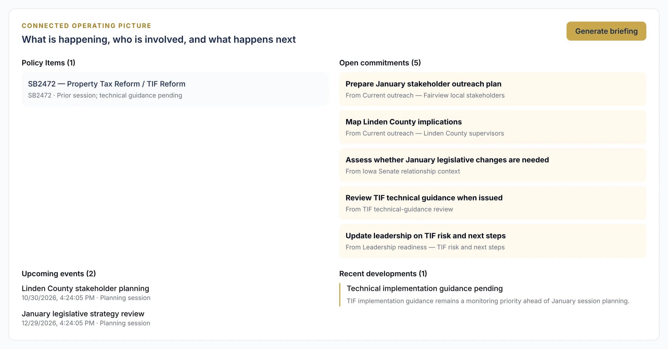 An issue workspace in Statecraft showing its policy item, open commitments, upcoming events, and recent developments together