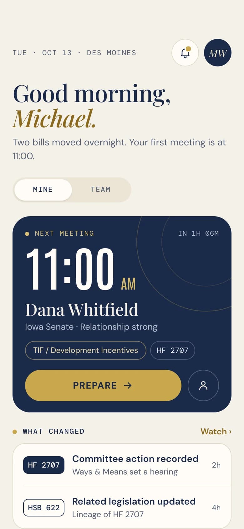 Preview of the Statecraft iPhone app, not yet released: the Today screen showing the next meeting and what changed overnight