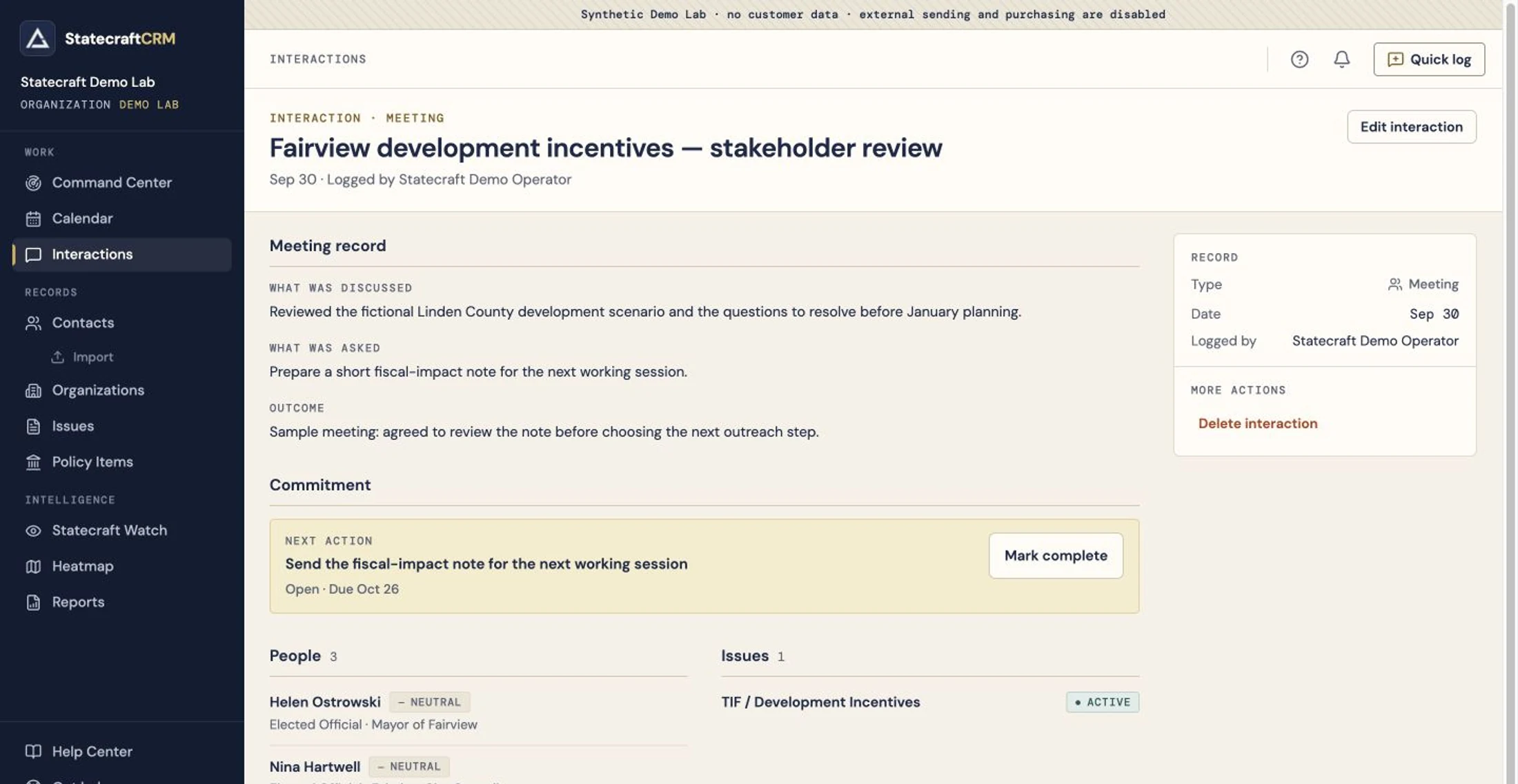 Saved interaction showing the meeting record, open commitment, people and Issue